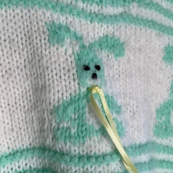 vtg Hand Knitted Baby Sweater Bunny Mint Green White Striped Easter 6-12 months? - Picture 4 of 7